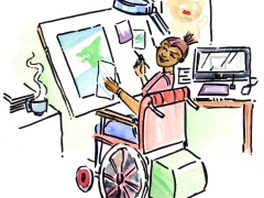Dela at her wheelchair accessible drafting desk