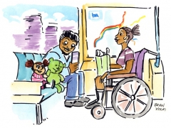 Dela and her little girl riding  on a wheelchair accessible BART train