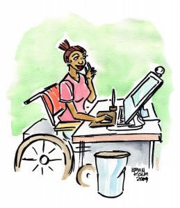 A woman at an accessible computer.