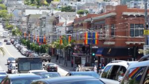 Photo taken from a distance showing several blocks of Castro Street traffic