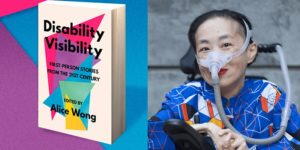 against a background of a three touching triangles of different sizes (one purple, one blue, and one magenta), a book titled ‘Disability Visibility: First Person Stories from the 21st Century Edited by Alice Wong’ the book cover has overlapping triangles in a variety of bright colors with black text overlaying them and an off-white background. Book cover by Madeline Partner. On the right, photo of an Asian American woman in a power chair. She is wearing a blue shirt with a geometric pattern with orange, black, white, and yellow lines and cubes. She is wearing a mask over her nose attached to a gray tube and bright red lip color. She is smiling at the camera. Photo credit: Eddie Hernandez Photography.